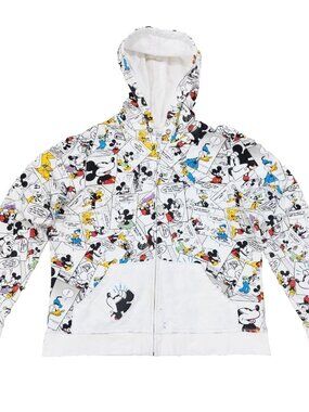 Y2k Disney Mickey Mouse AOP Hoodie Womens XL, Comic Strip All Over Print, Beaded